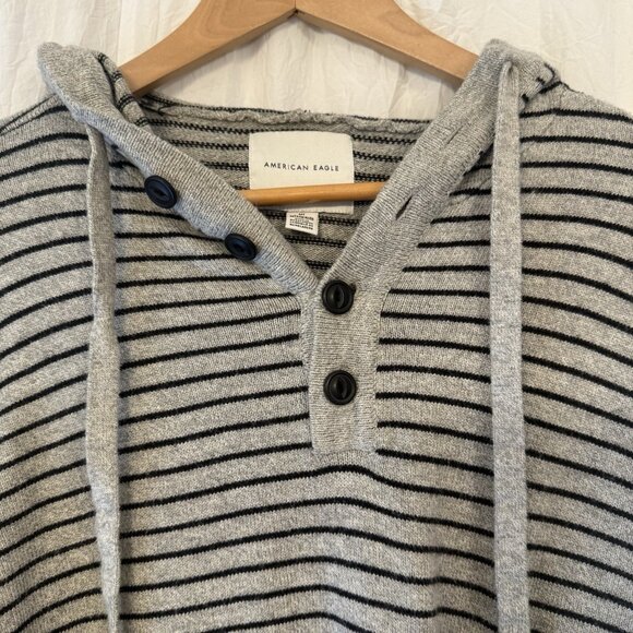 American Eagle Super Soft Henley Hooded Sweater Men’s Medium Tall Striped Preppy - Picture 2 of 8
